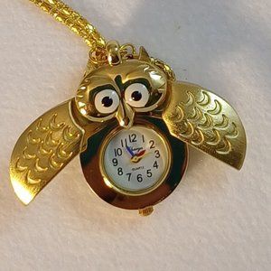 NWT Cute Owl Neckalce Watch Clock Goldtone Fashion Jewelry Pretty Chain NIP